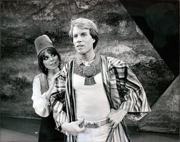 Laurie Beechman as the Narrator and Bill Hutton as Joseph in the 1982 Broadway production of Joseph and the Amazing Technicolor Dreamcoat, directed and choreographed by Tony Tanner